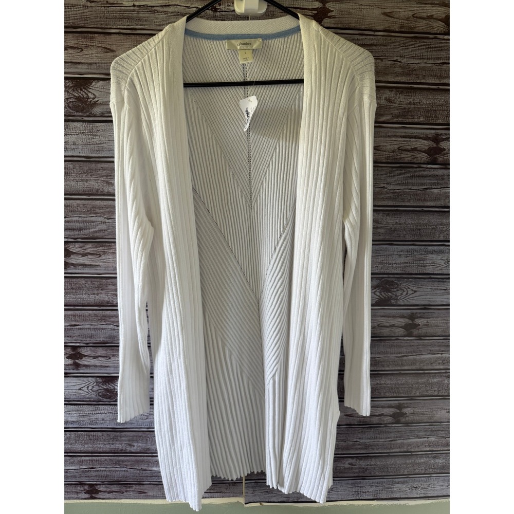 CJ Banks Women's Open-Front Cardigan Sweater Size 14W White Ribbed Chevron NWT